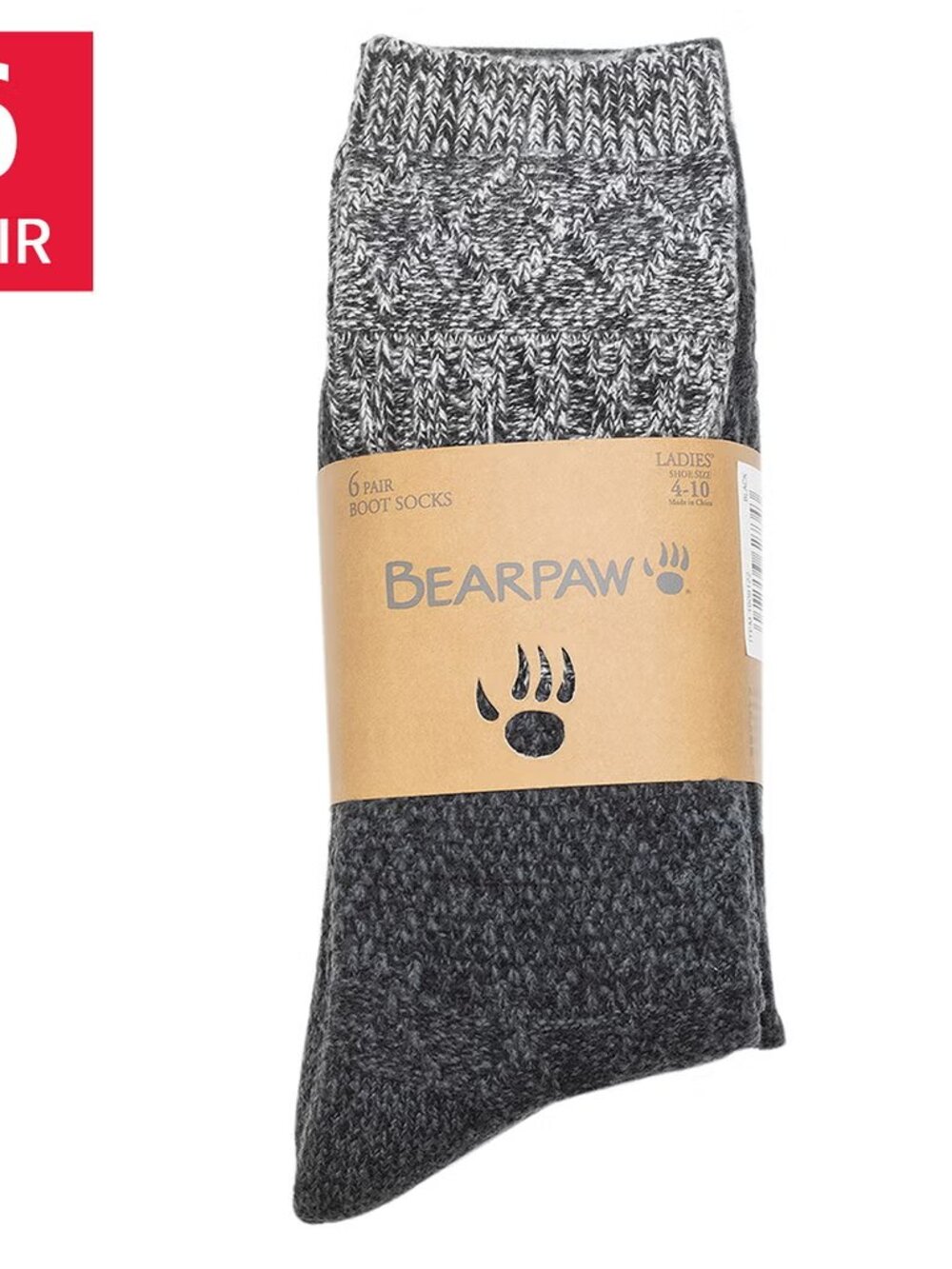 BearPaw Women's 6-Pair Boot Socks Black, Fits Shoe Size: 4-10, NWT
